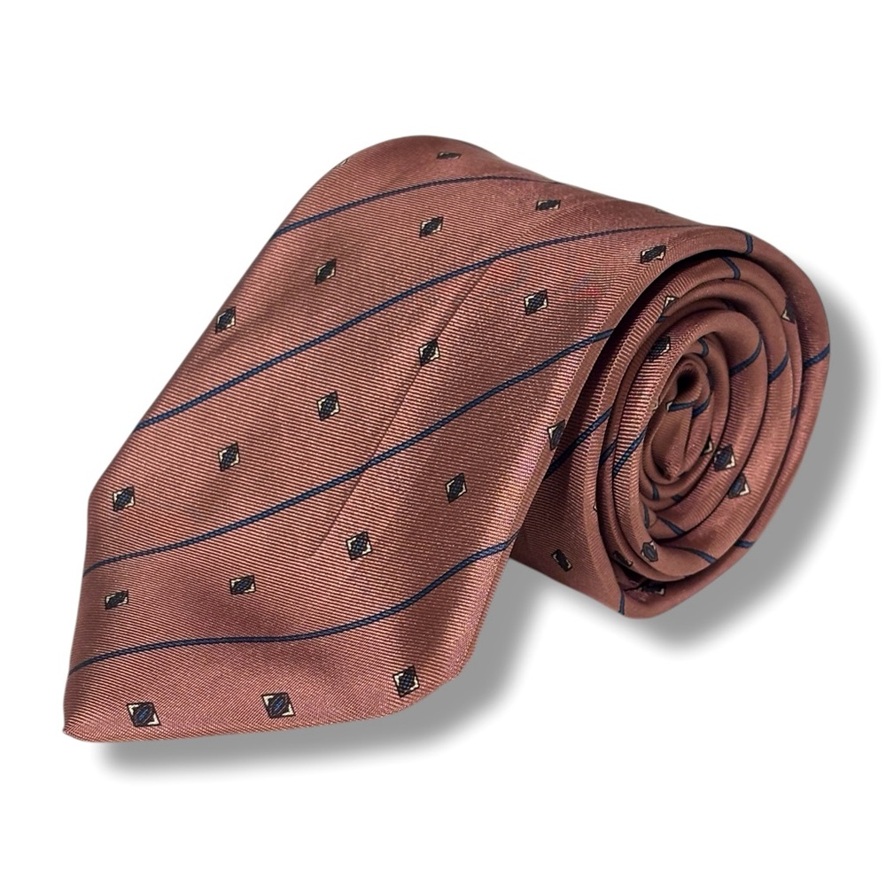 CHRISTIAN DIOR Dusty Pink Silk Tie With Navy Stripes & Diamond Pattern VINTAGE